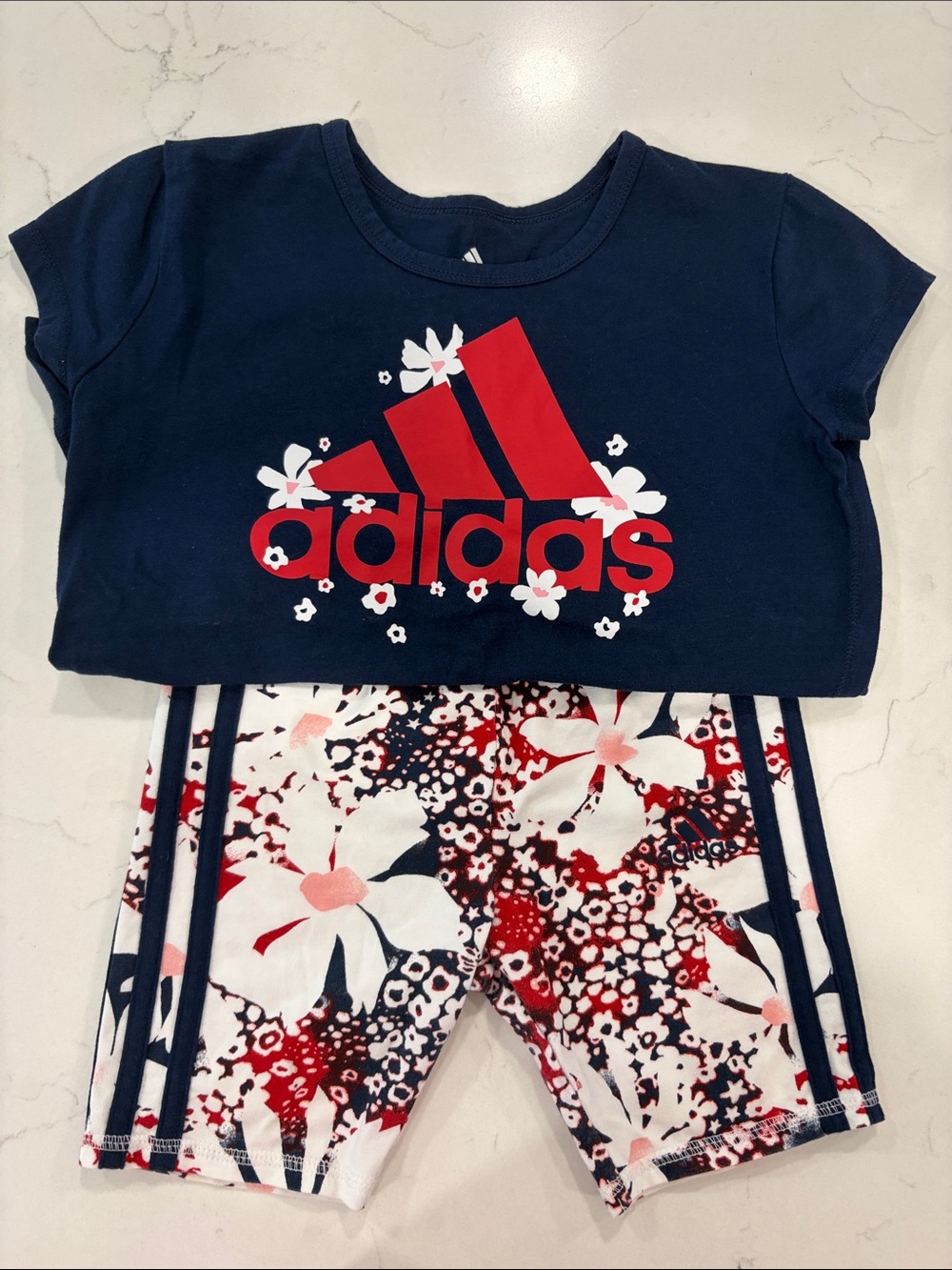 adidas Navy, Red & White Floral Logo Crop Tee and Shorts Set